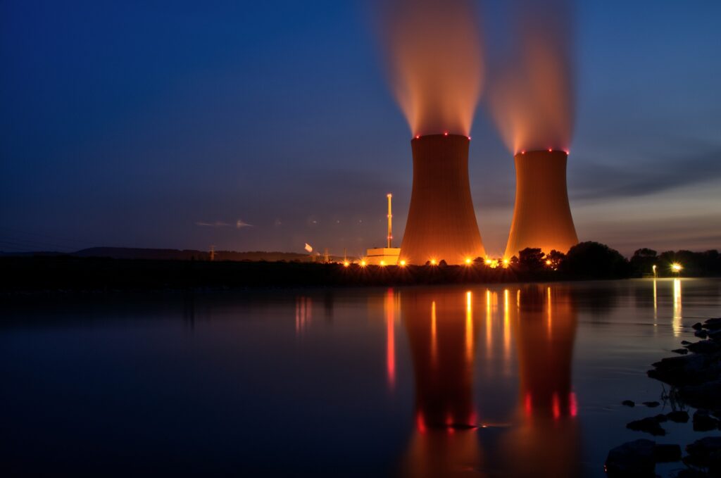 Nuclear power station at dusk.